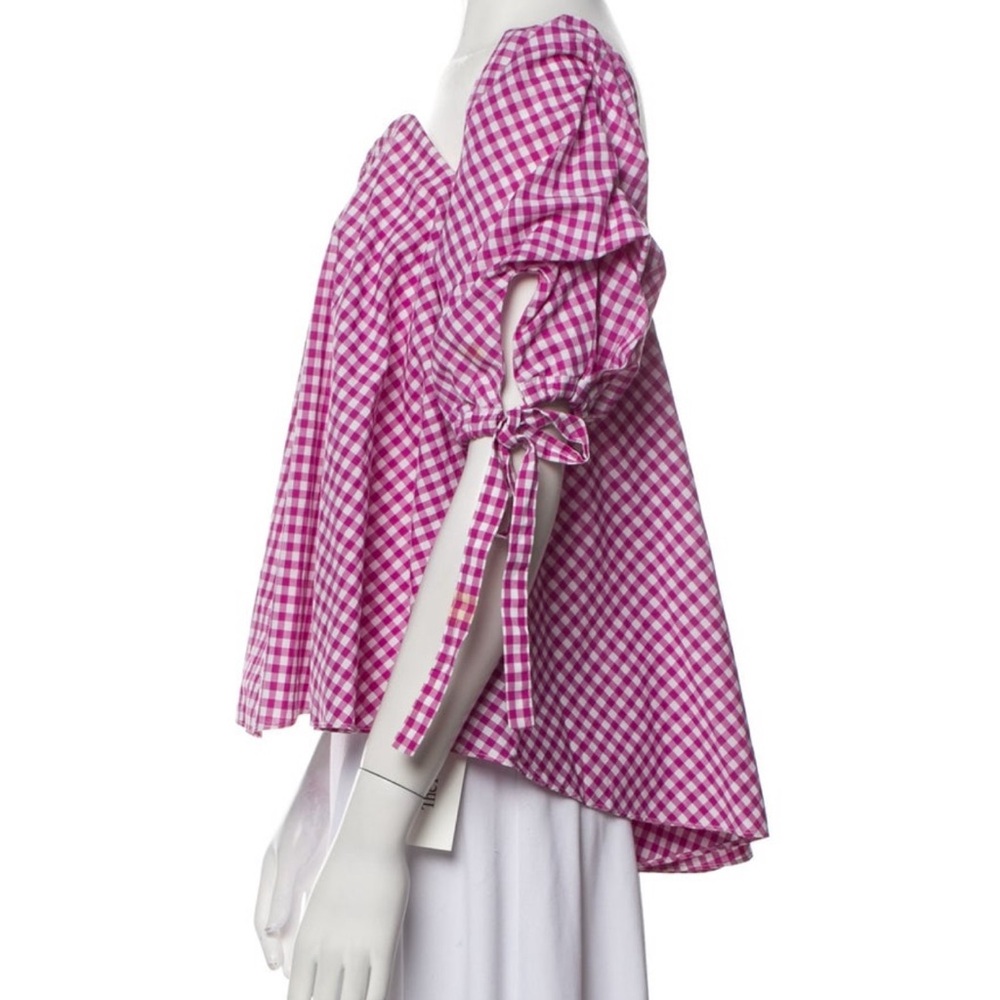 Caroline Constas Pink Gingham Off-the-Shoulders Puff-Sleeve Blouse - Picture 2 of 7